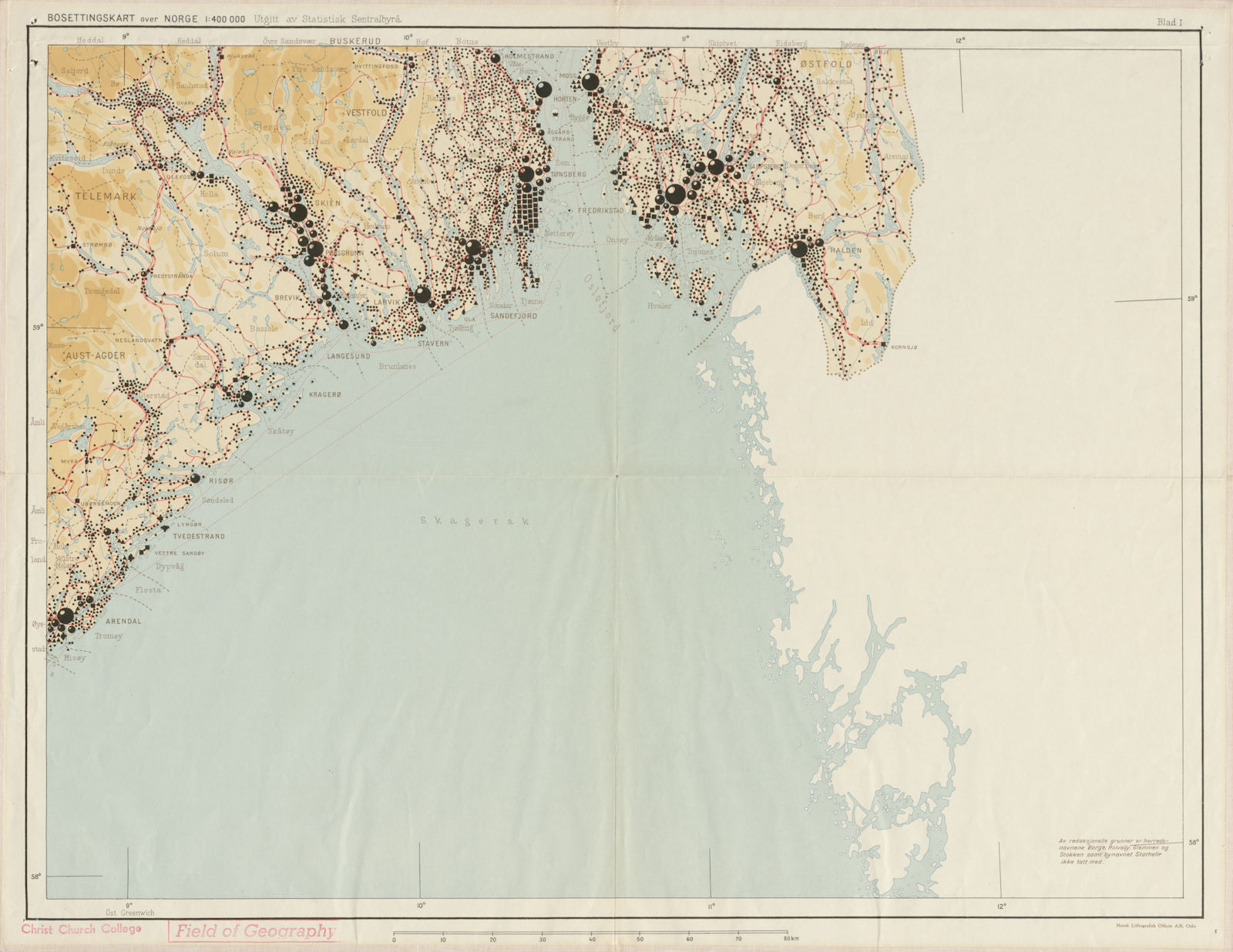 Norway Norge settlements. Skien Arendal Halden. Ostlandet 48x62cm 1950 old map